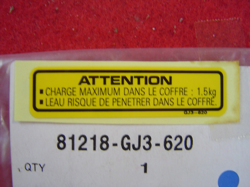Étiquette avertissement boîte à gants Honda SH50 FJS600 FJS400