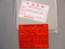 Plaque avertissement Honda CR125R CR250R CR80R – Réf. 87560KA3740