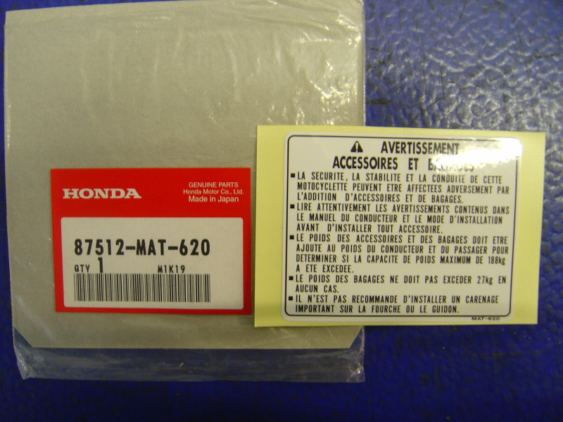 Autocollant de sécurité Honda – Réf. 87512MAT620