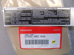 Étiquette sécurité pneus Honda CB600F Hornet 03-04 | 87505MBZR40