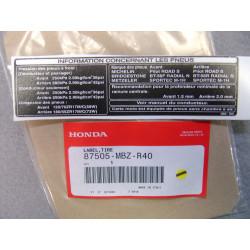 Étiquette sécurité pneus Honda CB600F Hornet 03-04 | 87505MBZR40