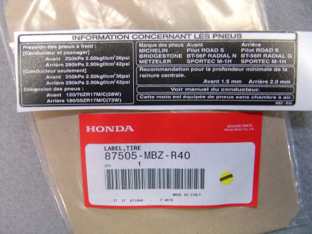 Étiquette sécurité pneus Honda CB600F Hornet 03-04 | 87505MBZR40