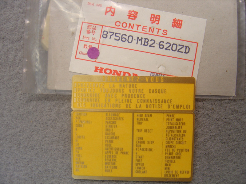 Plaque avertissement Honda 87560MB2620ZD VFR750F CB450S