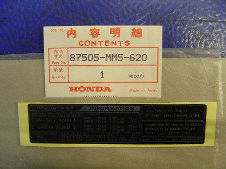 Autocollant Sécurité Honda CBR1000FH FJ 87-88 | Réf 87505MM5620