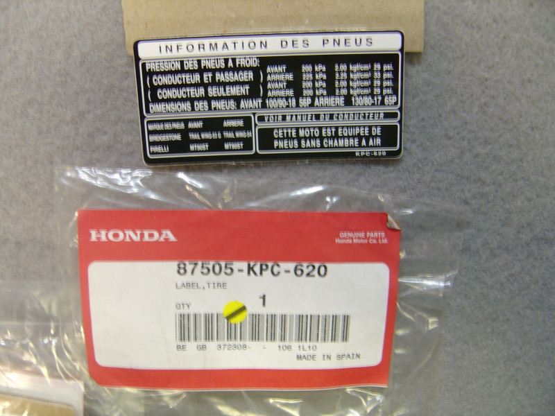 Étiquette sécurité pneus Honda XL125V - Réf. 87505KPC620