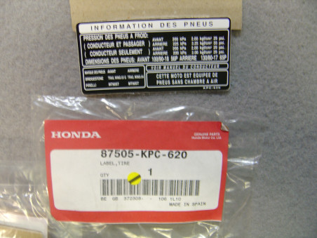 Étiquette sécurité pneus Honda XL125V - Réf. 87505KPC620