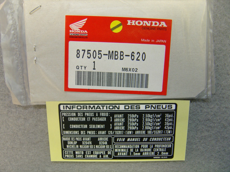 Étiquettes sécurité pneus Honda VTR1000F 87505MBB620