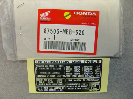 Étiquettes sécurité pneus Honda VTR1000F 87505MBB620