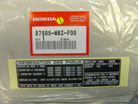 Étiquette sécurité pneus Honda CB600F Hornet 00-01 | 87505MBZF00