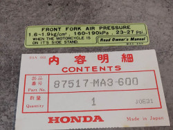 Autocollant sécurité pression fourche CB1100 RBI RBII RCII HONDA 87517-MA3-600