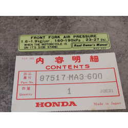 Autocollant sécurité pression fourche CB1100 RBI RBII RCII HONDA 87517-MA3-600