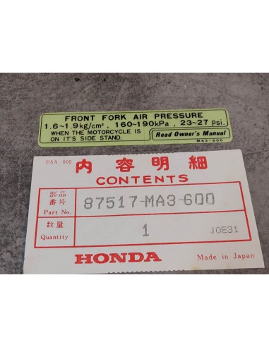 Autocollant sécurité pression fourche CB1100 RBI RBII RCII HONDA 87517-MA3-600